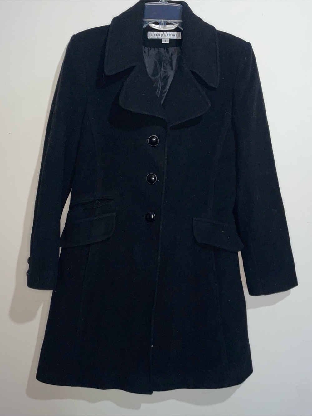 Larry Levine Black 6 Lined Wool Blend 3 Button Trenchcoat Old Money Elegant